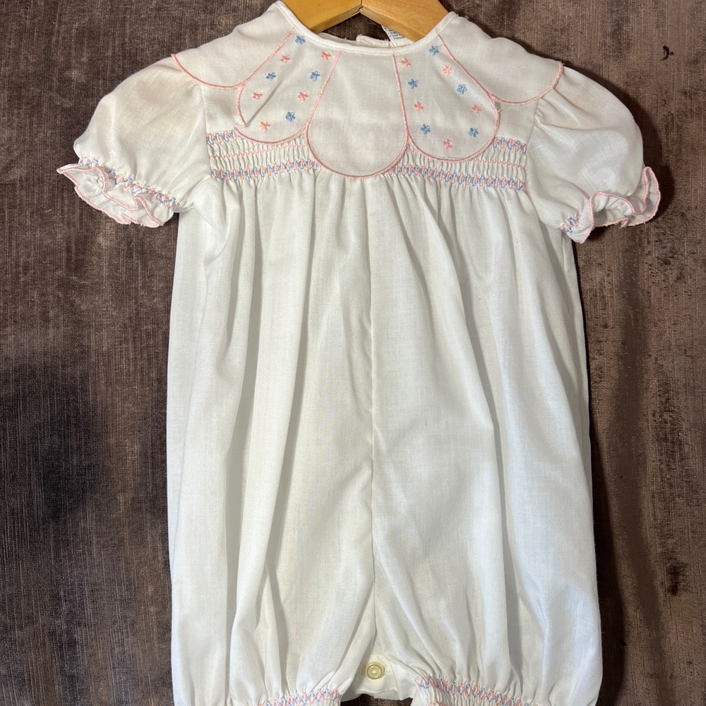 Vintage 1980s White Baby Romper with Pink Embroidery